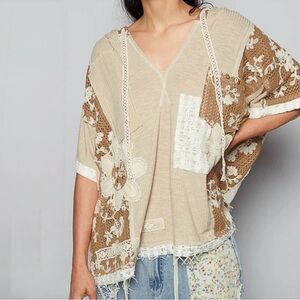 POL, Ribbed Knit and Lace Hoodie Top with Mixed Patches, Wheat Beige, Sz S, NWOT